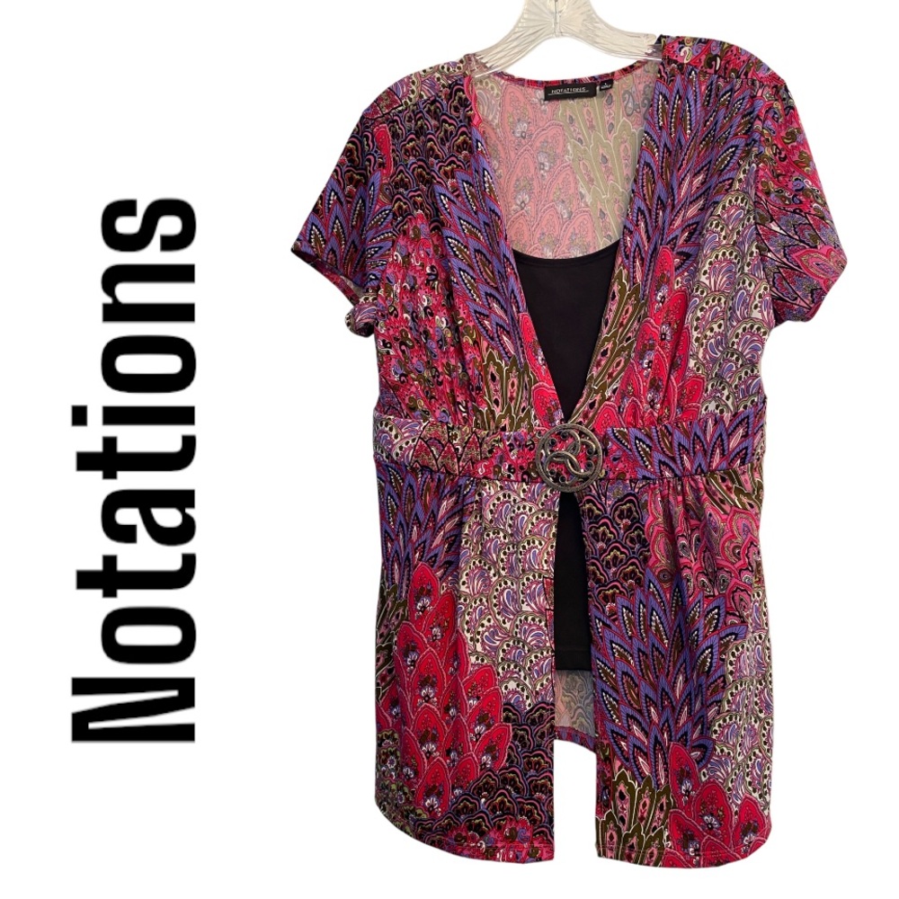 Notations Short Sleeve floral faux tank top Pink & Black L